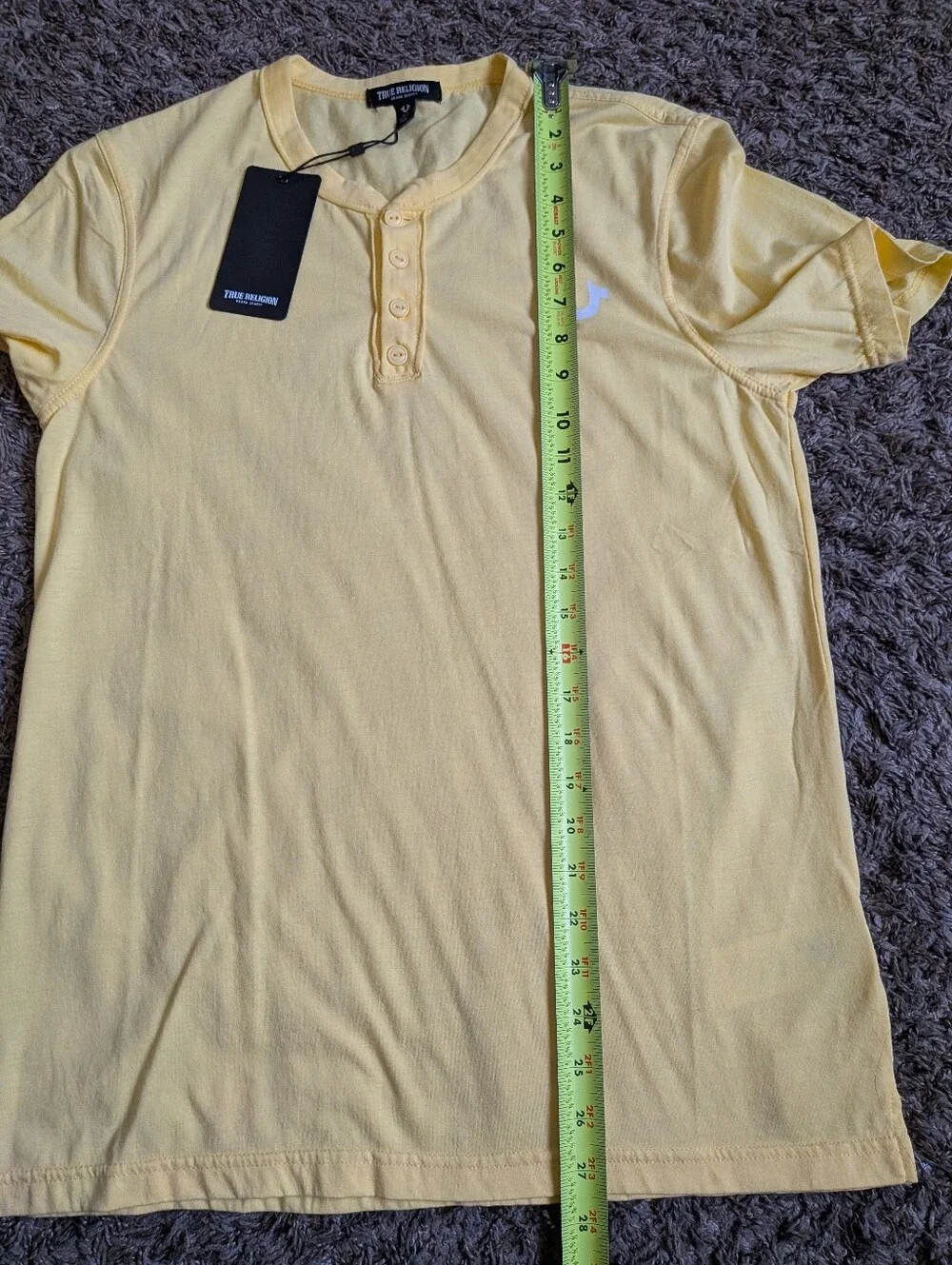 NWT True Religion Popcorn Yellow Logo Burnout Cotton Henley Shirt Men's S